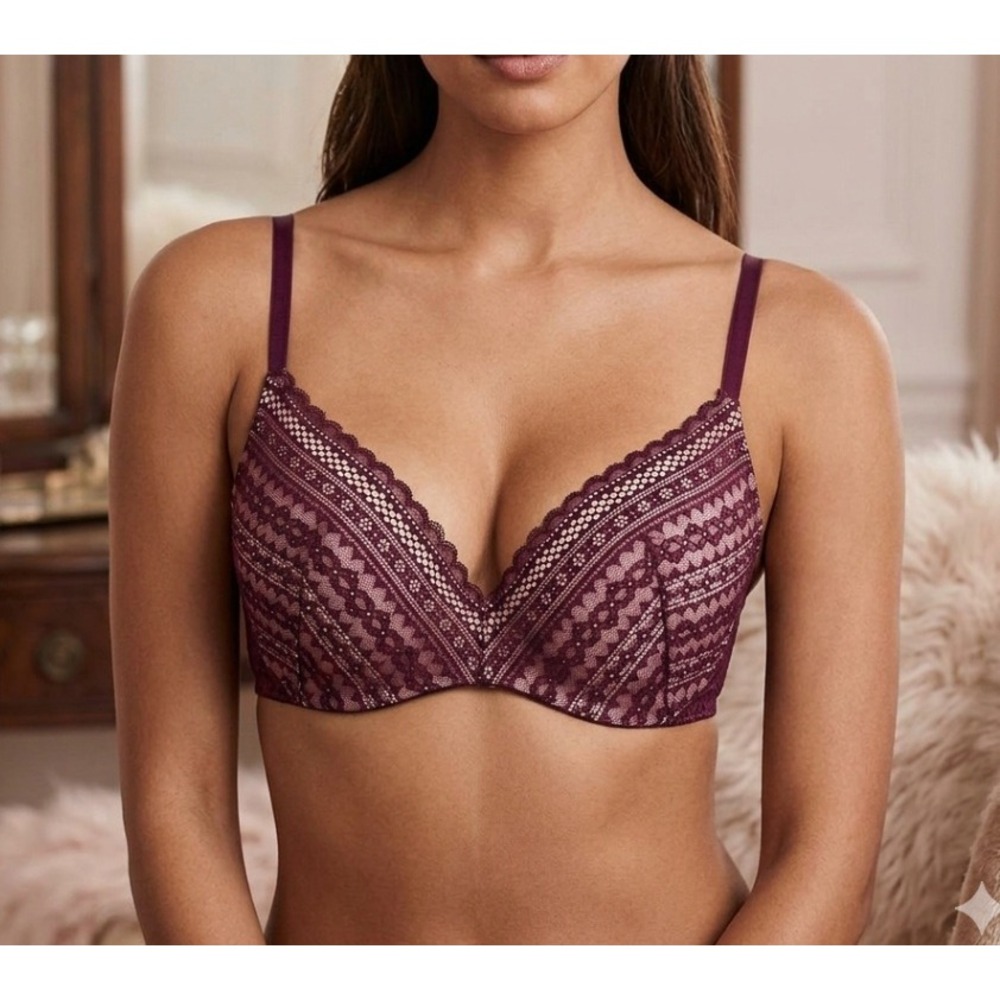 Victoria's‎ Secret Lined Lace Wireless Bra 32 DD Burgundy Red Adjustable Plunge